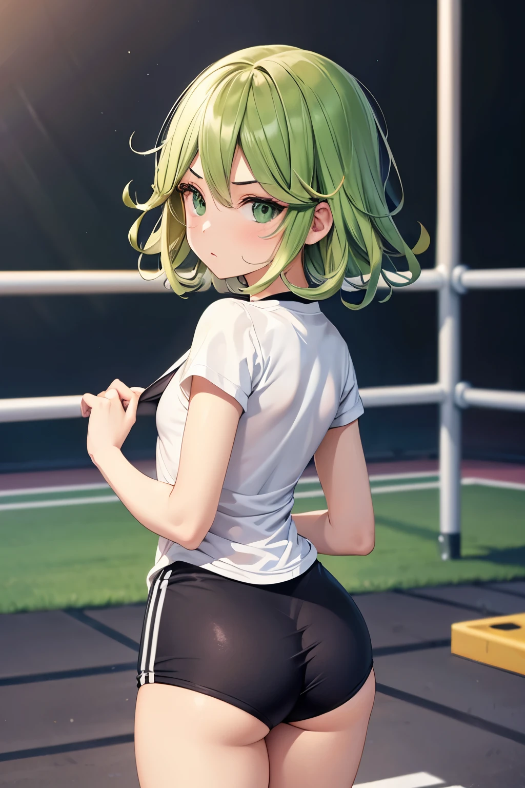 1 girl, izuku midorya as a girl, green hair, short green hair, female izuku midorya, genderswap izuku midorya, female, cute girl, perfect eyes, detailed eyes, gym skirt, gymskirt, sportskirt for woman, crop top, she wears a crop top, cute girly outfit, perfect body, best female curves. (looking back at the viewer, hands on ass) pefect image, no faults in image, best image ever, 8k resolution
