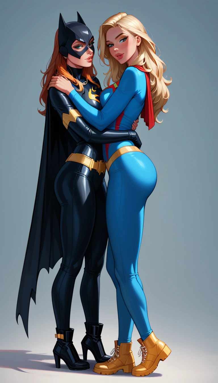 Batgirl hugging supergirl sexy bikinis big butts. back view. room background 