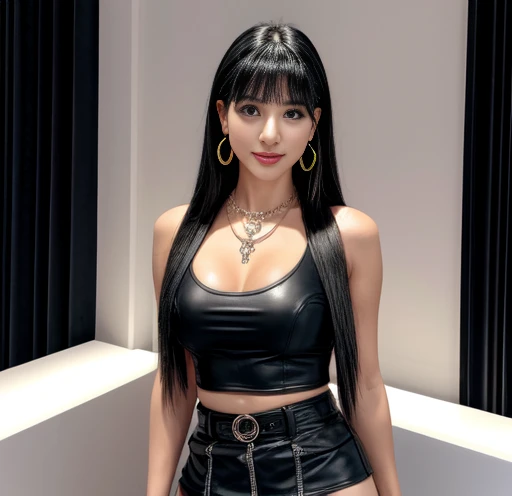 1 woman 30 years old, One, long straight black hair, bang,I look at the viewer, detailed eyes, shy smile,Jewelry, medium breast, earrings,belt, blue leather jacket over a tight red t-shirt,mini skirt,sheer white tights,NECKLACE, bracelet, lips,((Dynamic angle)),