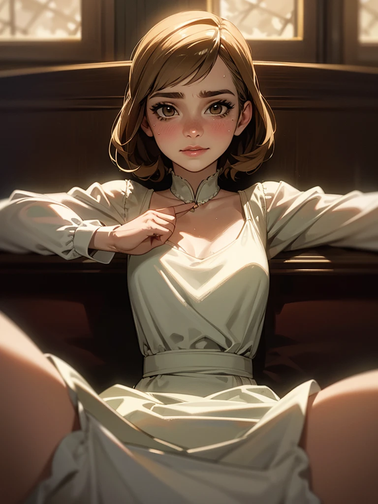 Emma Watson, 24 years old, kneeling on a bed, her arms between her legs, wearing a tight turtle neck sweater dress, ambient lighting, side lighting