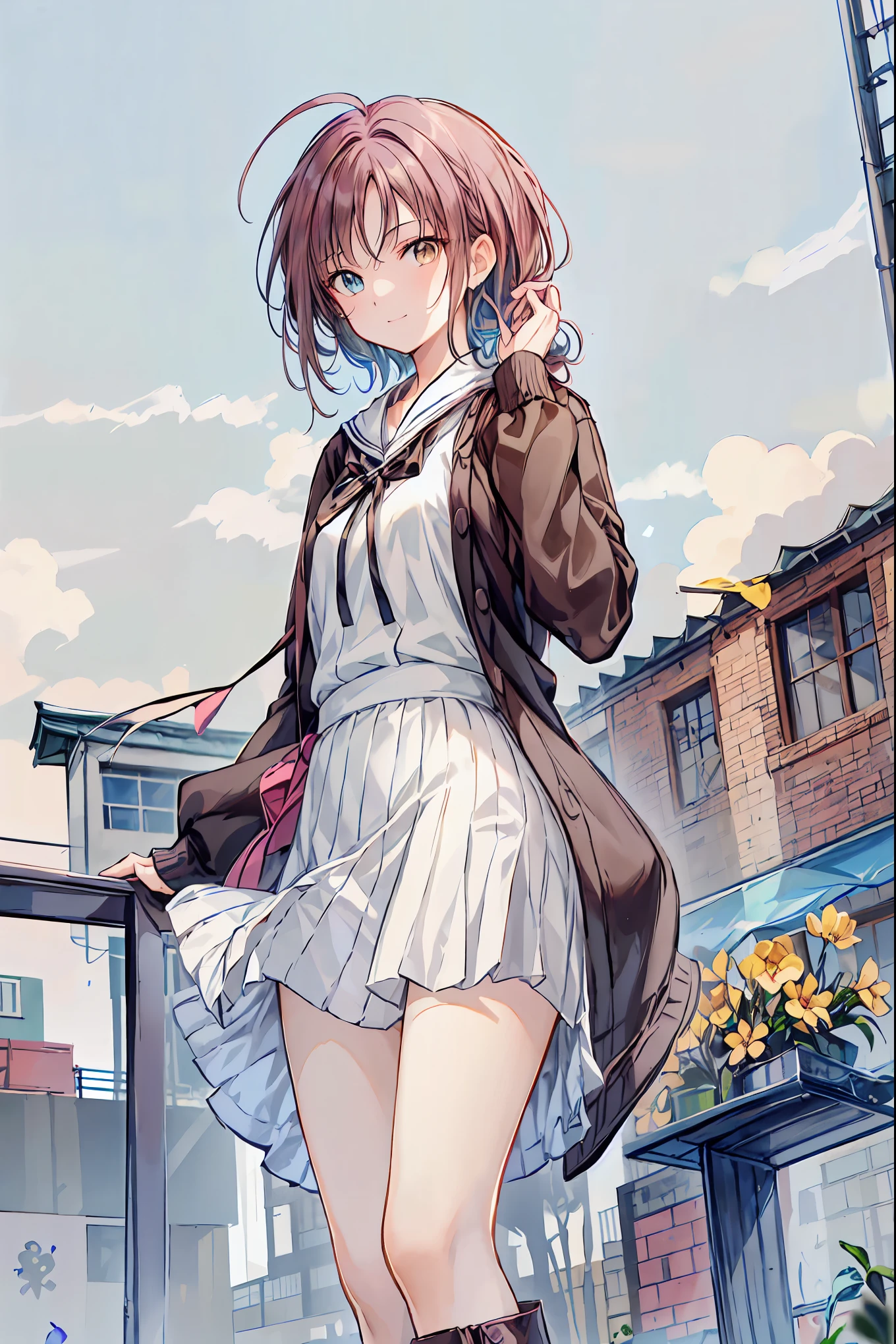 (Highest quality illustration:1.2), (cute girl:1.1), (1 girl, solo:1.5), (1 girl、16 years old、childish、one pose、cute、neat image、((1 girl、solo)), (Highest quality illustration:1.2), (cute girl:1.1), (small breasts、Super detailedな目:1.2)、brown hair、short hair、wavy hair、curly hair、low twin tails、BREAK is(highest quality、Super detailed、very detailed and beautiful、ultra high resolution、detailed arm:1.2)、, (black socks:1.4),navy blue blazer、white shirt、yellow ribbon、gray pleated skirt、 brown loafers,