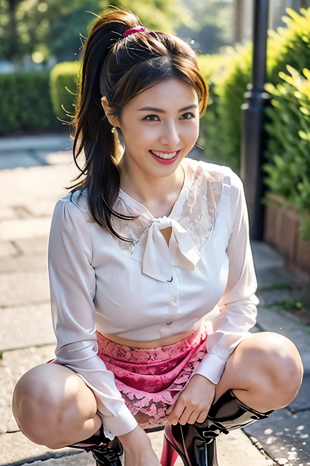 Large Breasts 、Age 35の娼婦、(Best Quality, 8k, masterpiece, Portraiture: 1.3)), (View Audience), Photorealism, Sharp focus, Alone, Japan, Beauty,Ponytail hair tied up with a pink scrunchie， Wrinkles around the eyes, Emphasize, ((Big Breasts:1.3))),，Age 35, , （(Tight mini skirt:1.5), (See-through lace blouse:1.5)，(sitting on a park bench：1.3），(((Blouse with the chest open wide、Big Breastsを見せる)))，(((Spread your legs wide、squat)))，Black fishnet stockings、Outdoor shooting in a park late at night，((transformation)))，Her breasts are abnormally large、Sagging a little due to weight，Super huge breasts，Tie your ponytail with a pink scrunchie，Sexy underwear cuts into the shape of her genitals，Long erect nipples，Ultra HD，Realistic:1.5，High Quality，The lipstick is a shiny shocking pink.，Queen-like pointed patent leather long boots、Stiletto heels，Grin，Passersby looking back，(((Spread your legs、Sexy pose))，(((柔らかなBig Breasts)))，(((大き過ぎ垂れているBig Breasts)))，