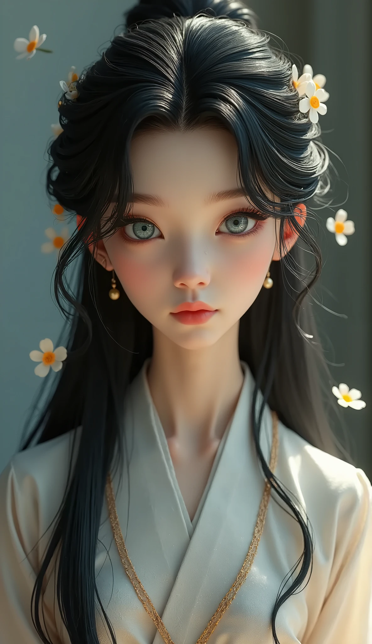 ((best best quality)), ((MasterPiece)), (Detail:1.4), 3D, A beautiful cyberpunk female image,HDR(high dynamic range),RayTrace,nvidia rtx,The ultra-Resolution,Unreal 5,Subsurface scattering、pbr texturing、postprocessing、Anisotropic Filtering、depth offield、Maximum Clarity and Clarity、Many-Layer Textures、Albedo and Specular map、Surface coloring、Mitsu-Accurate simulation of material interactions、Perfect Scale、octanerendering、Two-colored light、large aperture、low ISO、white balance、Rule of Thirds、8K RAW、beautiful bright pupils,flowing robe,Fine pupils,Detailed face and eyes,Long Lashes,Blushlush,voluminous hair,Tender red lips