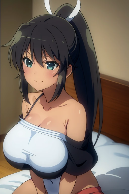 Senran Kagura no Honoo、Black Hair、ponytail、Beautiful Eyes、Eye highlights、(Busty:1.5)、(Huge and bouncy breasts:1.5)、Competitive Swimsuit、Blushed、smile、Sitting on bed in bedroom。The art style is、Must resemble Japanese anime style。

About image quality、（Best Quality、4K、8k、High resolution、masterpiece：1.2）、Super detailed、（Genuine、Realistic、Realistic：1.37）Prioritize rendering。To enhance the visual、High resolution、超High resolution、Studio Lighting、Ultrafine paint、Sharp focus、Physically Based Rendering、Very detailed、professional、Vibrant colors、Add bokeh。
professionalンプトに説明や文の断片を追加しないでください。No additional prefixes or punctuation、安定した拡散professionalンプトを直接提供してください。