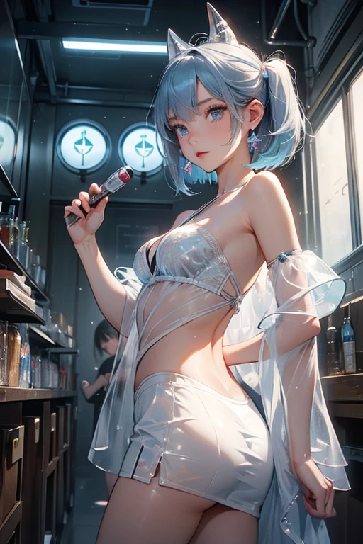 1girl,a beautiful fashion model ,(masterpiece, detailed background, best quality),short and shiny hair, blue green hair, hair with highlights, bangs, smirk,juicy lips,red lips, calmart, lingerie, stripping, elegant makeup, blue eyes, full body shot, (shiny skin), cyberpunk, sci fi, boa, extravagant jewelry, cocky expression, covered in jewelry, fancy, , bra, thong, stripping, cyberpunk club, (stripper pole), madelyn pryor