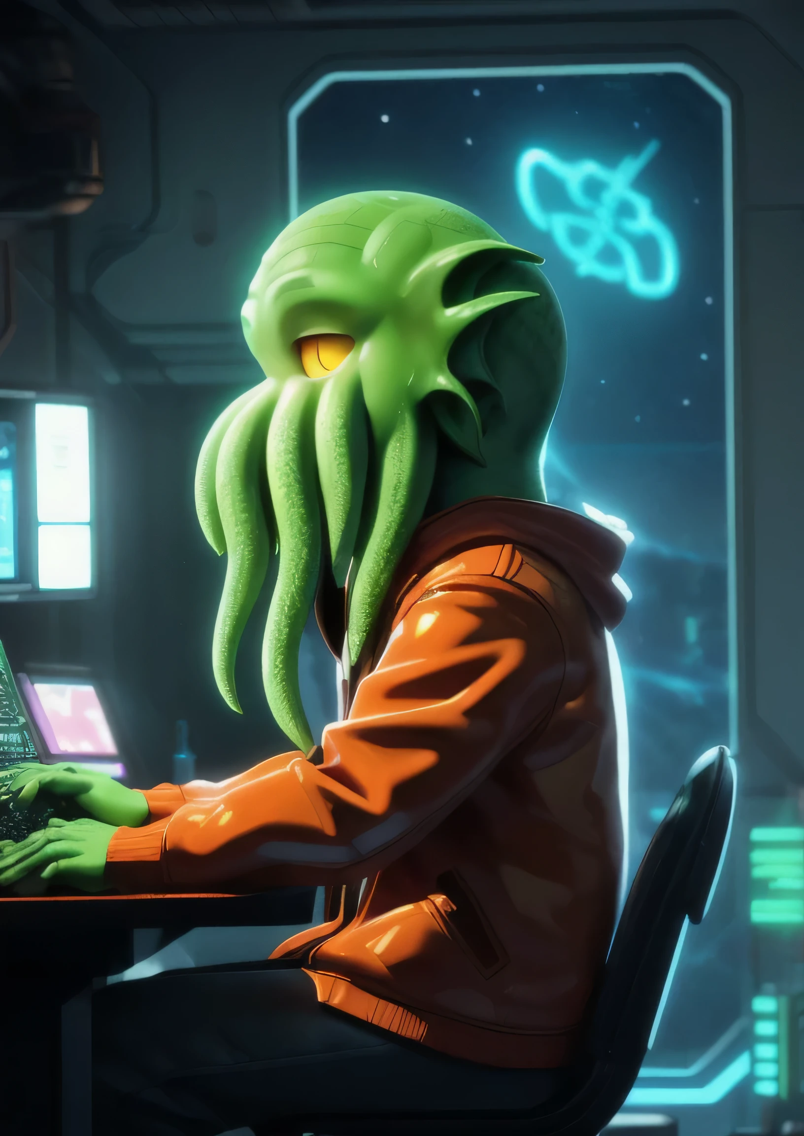 alien with tentacles, square head, sticky body, saturn background
