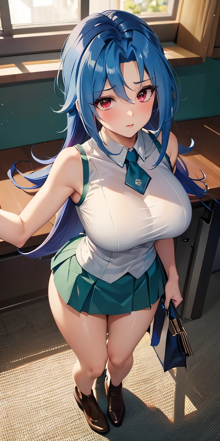 Big breast,long blue hair,wide hips,thicc tigh,white shirt,mini skirt,blush,look at viewer,skirt lift,show underwear,standing,park,rimuru tempest