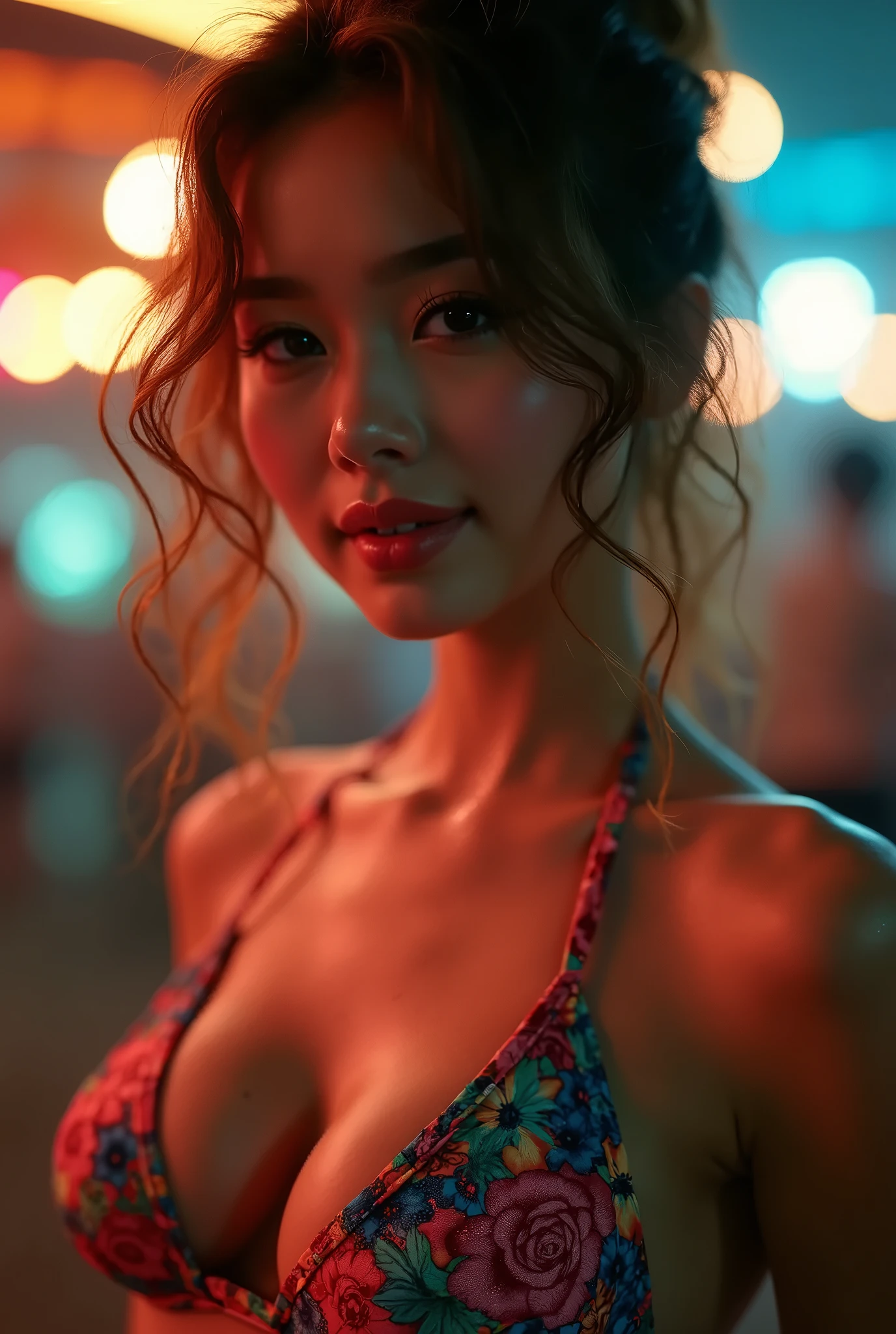 (masterpiece, best quality), 8K,(((Very detailed))), Race:1.8, Super intricate Race pattern, colorful Race pattern, Colorful stained glass transparent body, Mandala,Light Up, 1 female, Open back, 18 years old、Li Jie's photo, tumbler,  Sexy body and sexy belly, Sexy Girls, Youthful and sensual elegance, Sexy body, Sexy look, Very short hair、Shooting at the port with a beautiful night view、 Intelligent face、Willow Waist、Large Breasts、Saliva comes out、Smile、EOS 50ｍｍ f2, Blurred Background、Brighten your face、whole body、Transparent dress、Looking beyond、Young woman