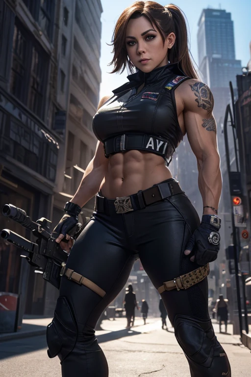 Alyssa Milano, female bodybuilder physique, bodybuilder veins, veiny abs, (extremely detailed CG unity 8k wallpaper),(masterpiece), (best quality), (ultra-detailed), (best illustration),(best shadow), cowboy shot, (sharp eyeliner, eyeshadow, detailed eyes:1.1), (city background:1.2), ,BREAK , mod3 (girls' frontline), , 