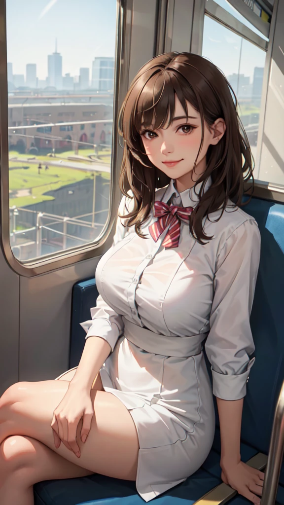(masutepiece, top-quality:1.3), Ultra-detailed 8K、Real photorealistic 1 beautiful Japanese 38 year old,Black hair twintails、bow ribbon、Recruit suit,Officelady.pencil skirts、a miniskirt,Light blue shirt、unbuttoning a shirt、 Train chair、sitting、Light blue lace panties Light blue lace bra