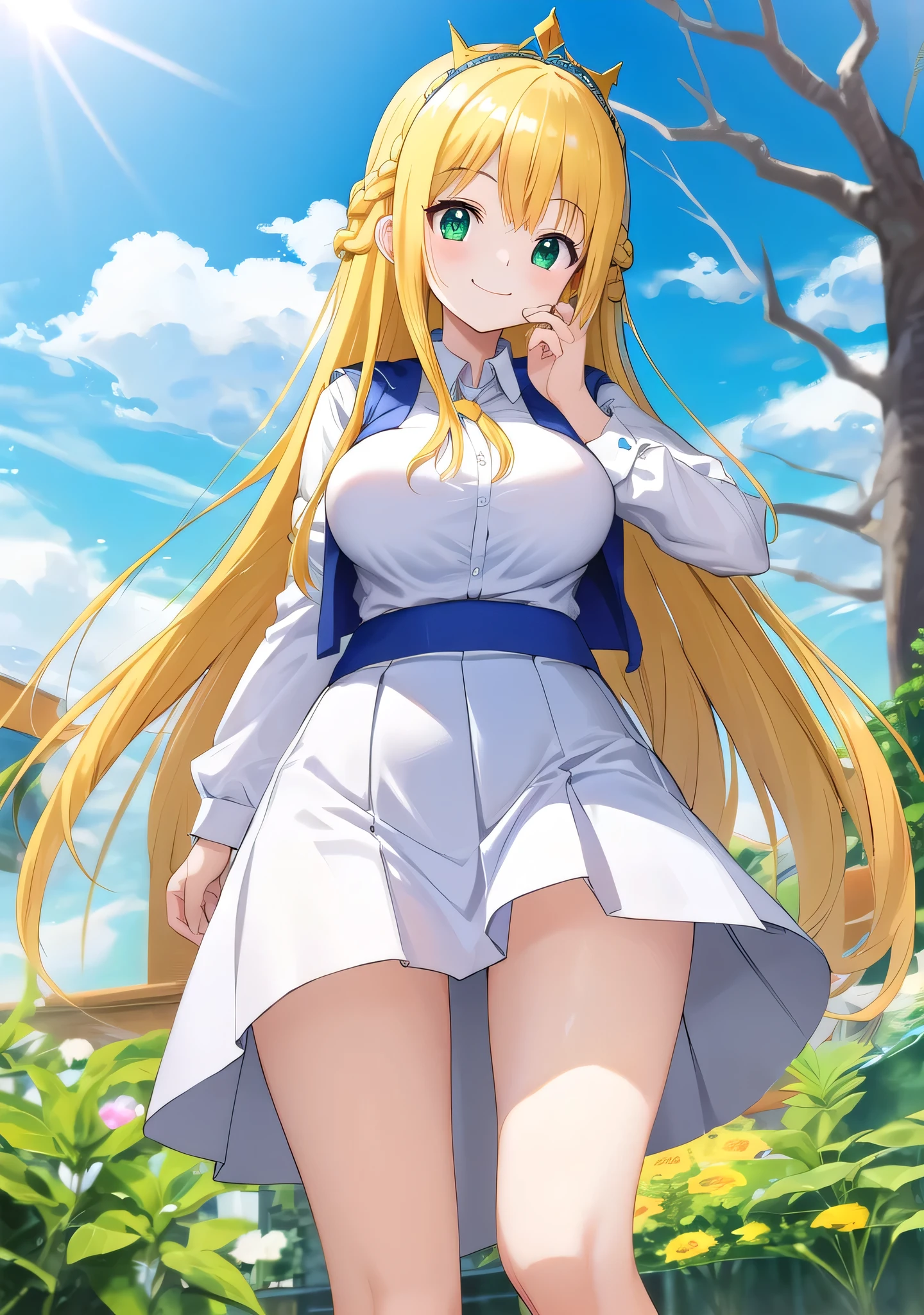 Best Quality、masterpiece、High resolution、be familiar with、Perfect Anatomy、Anime Girls、Alone、Blue vest、((Female , ))、White blouse、garden、smile、Long Hair、Blonde、french braid、crown braid、Green Eyes、Standing、Close your mouth、Surprised、Collared blouse、Long sleeve、Big Breasts、Girls with big breasts、Blue Skirt、mini skirt、Tight skirt、