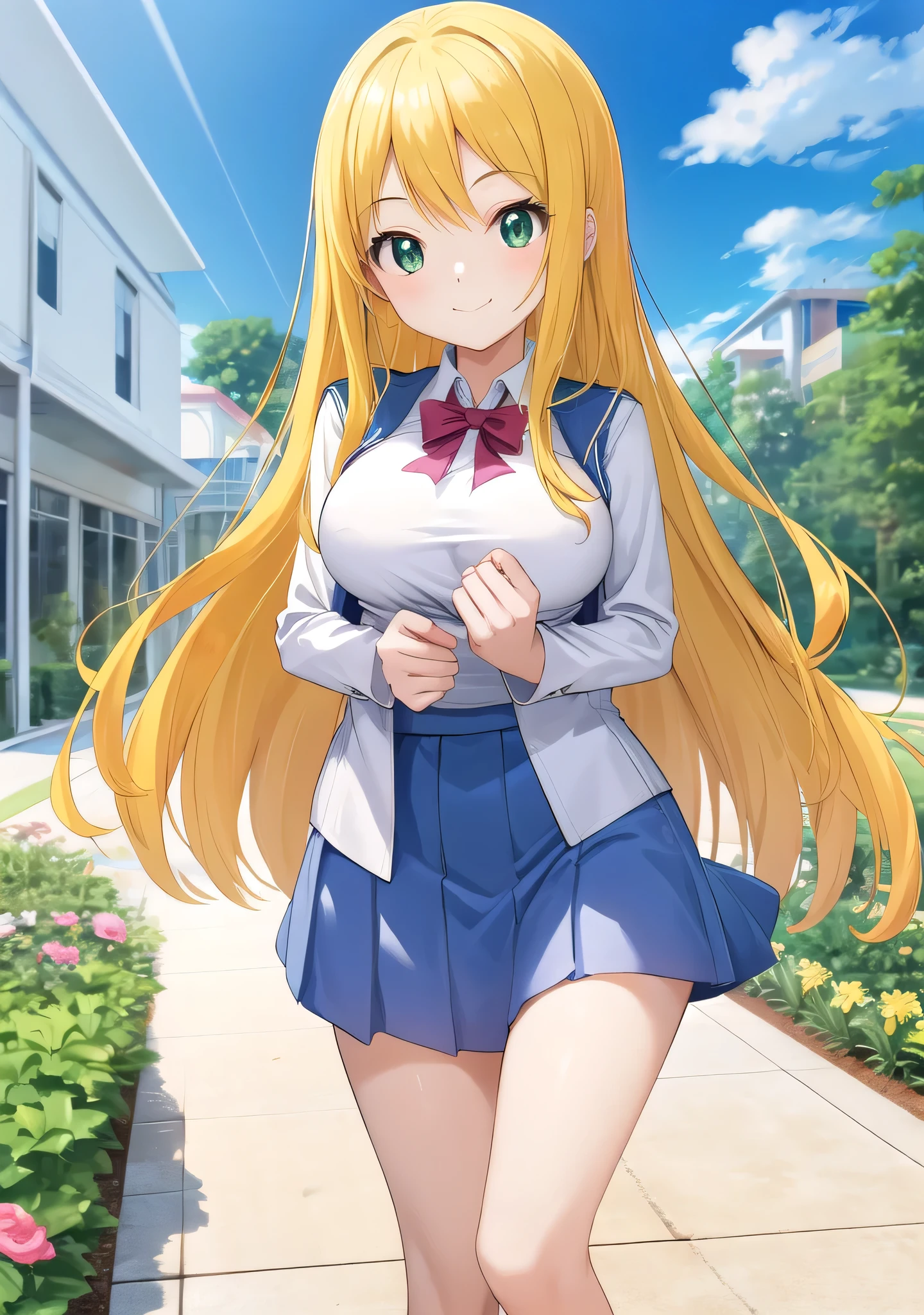 Best Quality、masterpiece、High resolution、be familiar with、Perfect Anatomy、Anime Girls、Alone、Blue vest、((Female , ))、White blouse、garden、smile、Long Hair、Blonde、Green Eyes、Standing、Close your mouth、Surprised、Collared blouse、Long sleeve、Big Breasts、Girls with big breasts、Blue Skirt、mini skirt、Tight skirt、