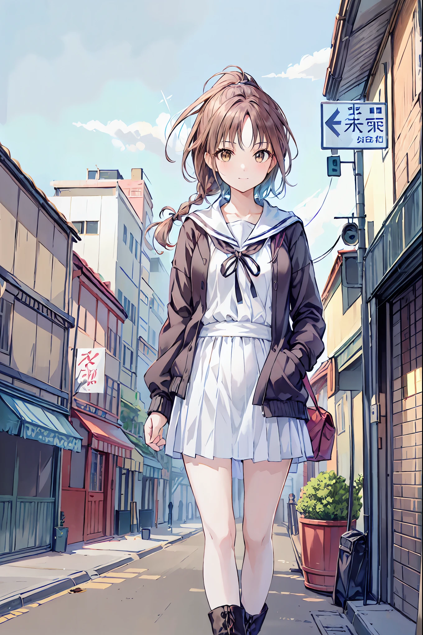 Anime girl walking down a street in a short dress and boots - SeaArt AI
