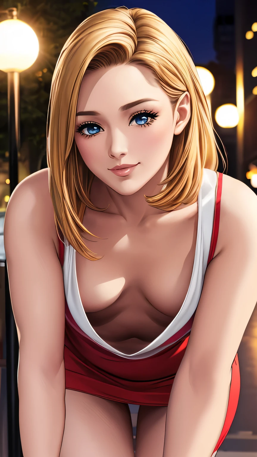 (Best Quality,16k,High resolution,masterpiece:1.2),Super detailed,(Realistic,photoRealistic,photo-Realistic:1.37),Studio Lighting,professional,Portraiture,beautiful detailed eyes,Beautiful and delicate lips,Highly detailed eyes and face,Long eyelashes, The European Features,Shiny blonde hair,Long, slender legs,Tall Person,Large size red business suit,Stylish mini skirt,Complex division,Confident pose,Great smile,Natural and radiant makeup,professional photo street photo,The photographer captured her charm.,Delicate and elegant lighting,Bright colors that give a sense of warmth、(((Small breasts)))、Leaning forward、Big Eyes、Lots of eyelashes