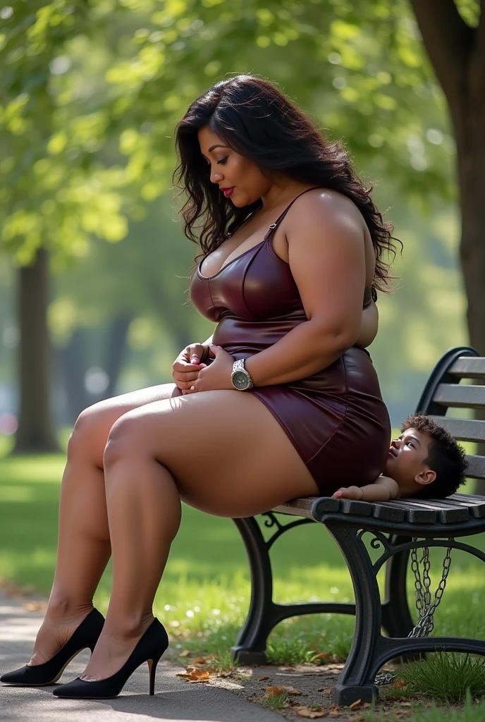 1 beautiful black woman with huge afro, very large breasts, naked and walking her dog