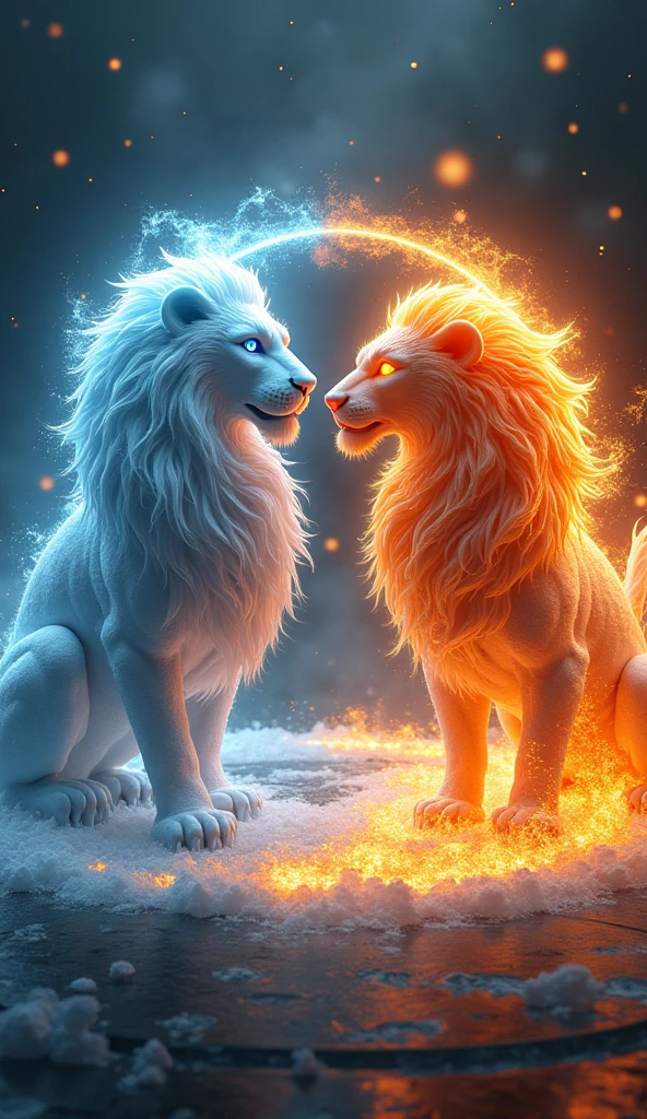 An ice lion facing a fire lion. They are in a circle and form the symbol of yin and yang.