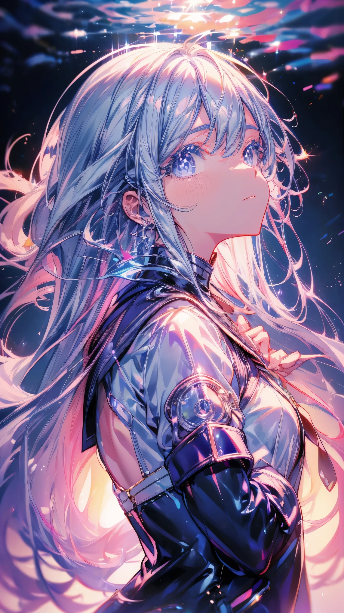 (masterpiece), 4K, The world of Kingdom Hearts, Detailed Description, Shine like a star, A cold expression floating in the night sky, Watching over us, Shining Star々, Bringing Happiness, High school girl, Sailor suit, Shiny silver hair, Jewel-like blue eyes, know, anime, Zoom out, colorful,