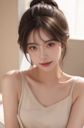 ((masterpiece: 1.4, best quality))+,(ultra detail)+, official art, unity 8k wallpaper, ultra detail, beautiful, high quality, Highlight your cute face, masterpiece, best quality, semi wavy medium length hair, (brown eyes, brown hair), bust, looking straight ahead, smile