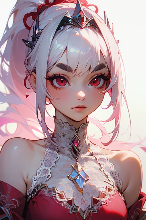 ((masterpiece)), ((ultra-detailed)), ((best quality)), ((intricate details)), ((chromatic aberration)), 1girl, hair bun, blunt bangs, makeup, black eyeliner, eyelashes, looking at viewer, pastel hair, breasts, (two-tone hair:1.2), expressionless,