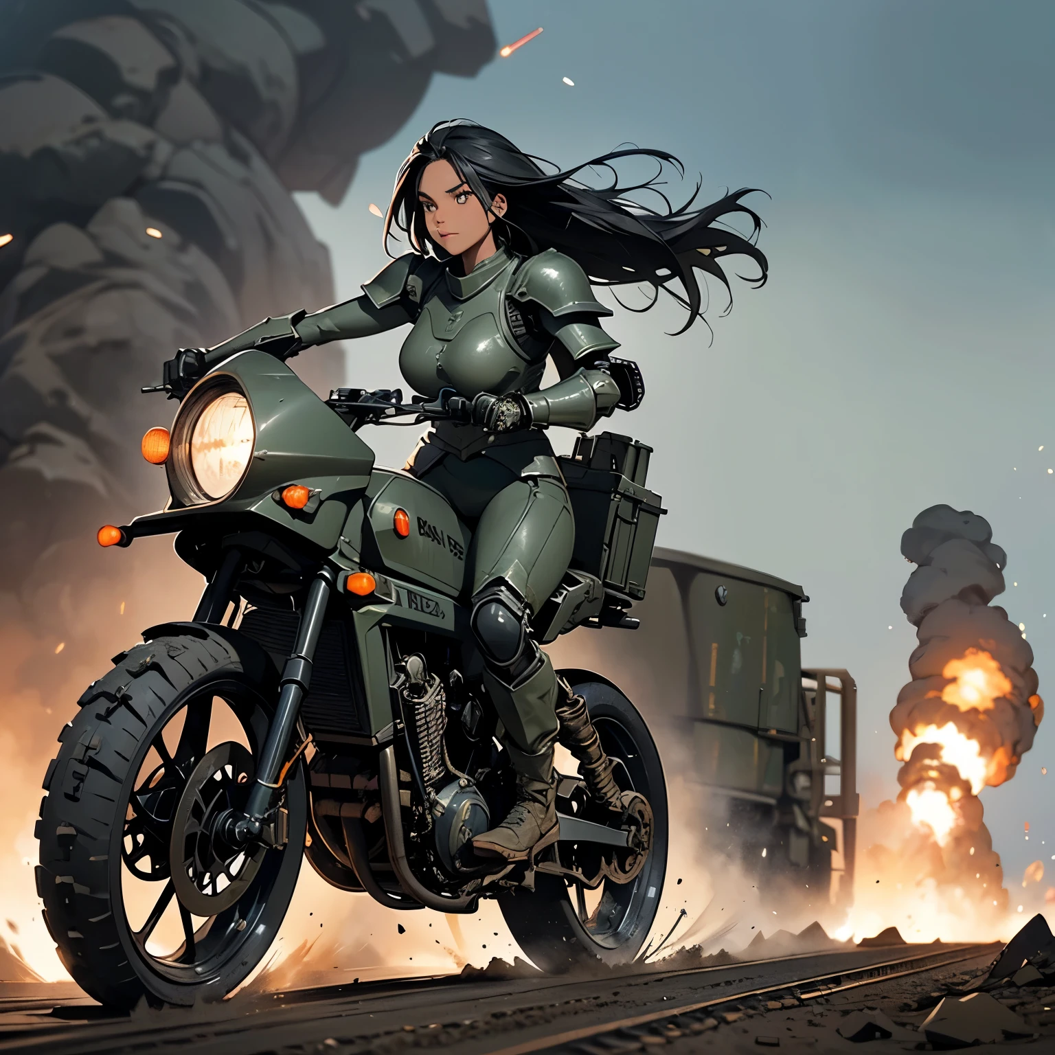 nsfw, anime screencap, 16K, perfect anatomy proportion body, perfect hands, action, A dynamic composition with a sense of speed and movement, (open cockpit, Riding a large, heavily armored steam-powered military motorcycle:1.6), a wife, 40age, perfect beautiful delicate sexy face, perfect beautiful delicate eyes, braid-in-braid black hair, (dark skin:1.6), huge breasts, abs, Camouflage-colored heavy armored steam engine full armor powered suit, Many heavily armored robot soldiers are engaged in a firefight in the background., Flying bullets, Desert Battlefield, war, Post-apocalyptic,