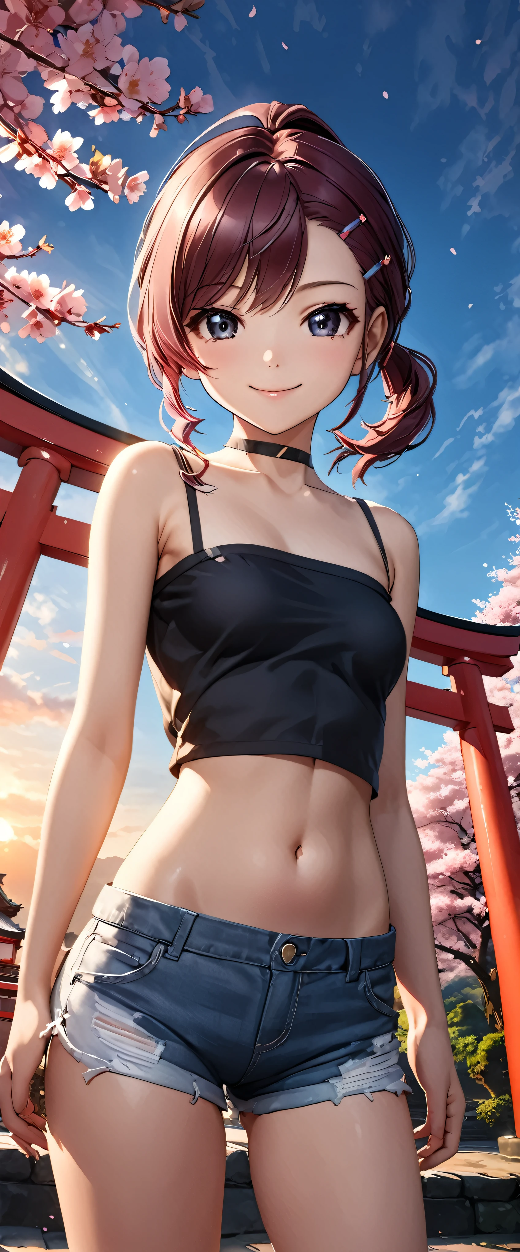 Best Quality, Ultra-high resolution, (Realistic:1.4), One person,  Small breasts, Black choker, Closed Mouth Smile, Exposing shoulders, Focus Only, View your viewers,Fair skin,sunset,cherry blossoms,Photon Mapping, Physically Based Rendering, RAW Photos, Highly detailed background,K-Pop Idols,Depth of written boundary,torii,cherry blossoms,Hair accessories,Detailed face,Glowing Skin,Game CG,whole body, Micro Shorts,Tube tops,Beautiful ponytail