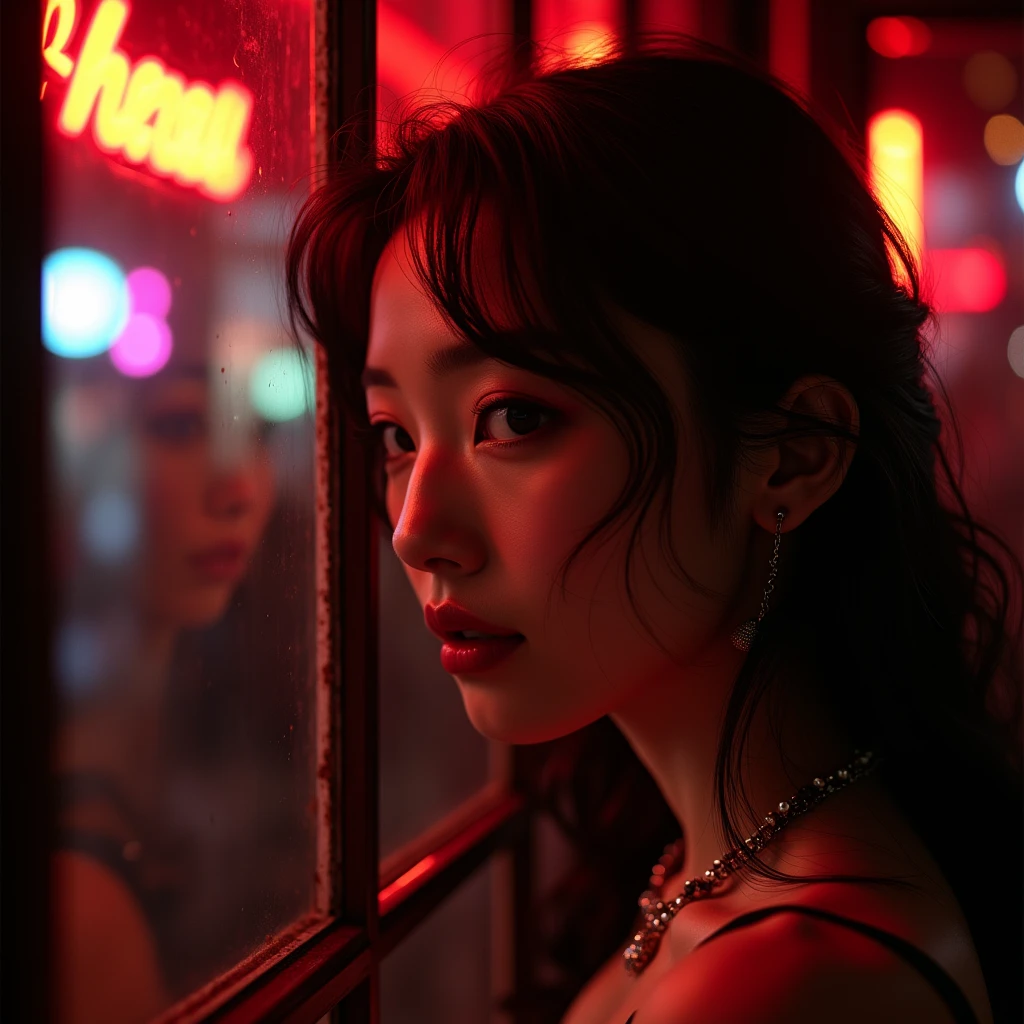 realistic,(best quality, masterpiece),(ultra detailed),(high detail RAW color photo) of a beautiful elegant ((mega breasted)) japanese woman,(wavy bob-cut hair),(necklace and earrings),(open clothes with ((deep neckline))),(detailed cute face and neon glowing eyes),(full glossy lips,the mouth slightly open),(looking at camera),(frontal centered symmetrical composition),(perfect professional lighting),8K,HDR,UHD Professional photography,