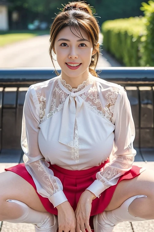 Large Breasts 、Age 35の娼婦、(((Taking off your skirt in public)))，(Best Quality, 8k, masterpiece, Portraiture: 1.3)), (View Audience), Photorealism, Sharp focus, Alone, Japan, Beauty,Ponytail hair tied up with a pink scrunchie， Wrinkles around the eyes, Emphasize, ((Big Breasts:1.3))),，Age 35, , （(Tight mini skirt:1.5), (A see-through lace blouse:1.8)，(Sitting on a park bench at night：1.3），(((Pull up your blouse、Big Breastsを見せる)))，(((Spread your legs wide、squat)))，Black fishnet stockings、Outdoor shooting in a park late at night，((Pervert who enjoys outdoor exposure)))，Her breasts are abnormally large、Sagging a little due to weight，Super huge breasts，Tie your ponytail with a pink scrunchie，Sexy underwear cuts into the shape of her genitals，Long erect nipples，Ultra HD，Realistic:1.5，High Quality，The lipstick is a shiny shocking pink.，Queen-like pointed patent leather long boots、Stiletto heels，Grin，Passersby looking back，(((Spread your legs、Sexy pose))，(((柔らかなBig Breasts)))，(((大き過ぎ垂れているBig Breasts)))，(((Full-body view from diagonal)))，Her voluptuous breasts spill out of her red lace bra.，