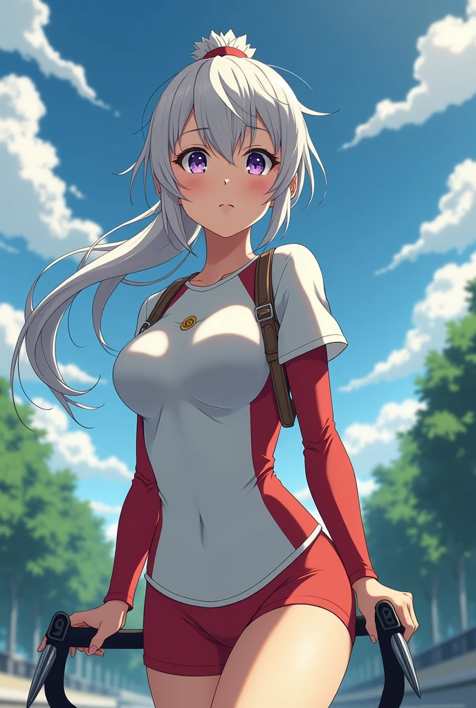 red eyes, accelerator (toaru majutsu no index), white hair, shirt, girl:1.3, massive breasts, wide hips, outdoors, lake