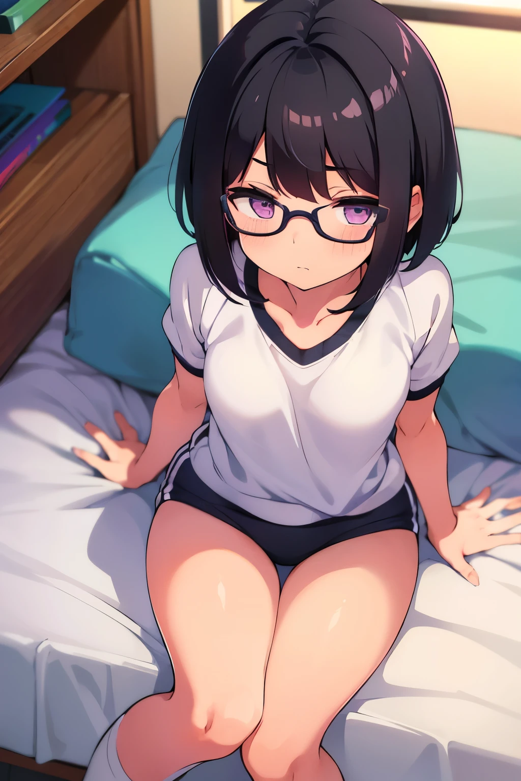 Elementary school girl, ***********, toddler, flat chest, black hair, short bob, glasses, purple eyes （One person）White bra　 White panties on lower body （（I can see her panties）） White socks 　Girls&#39; locker room at school　Standing and changing clothes　 Dynamic Angle　Low - Angle