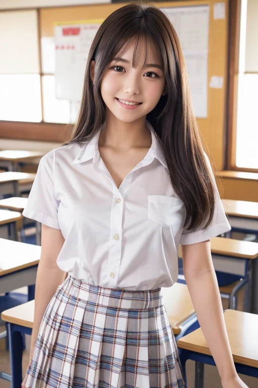 Best Quality, 8k, Very delicate and beautiful, Highly detailed face and skin textures, Shiny skin, High resolution, Sexy Japanese girl in white shirt and checked skirt with a big smile in the classroom, Sharp focus、Junior high school students、Full Hips