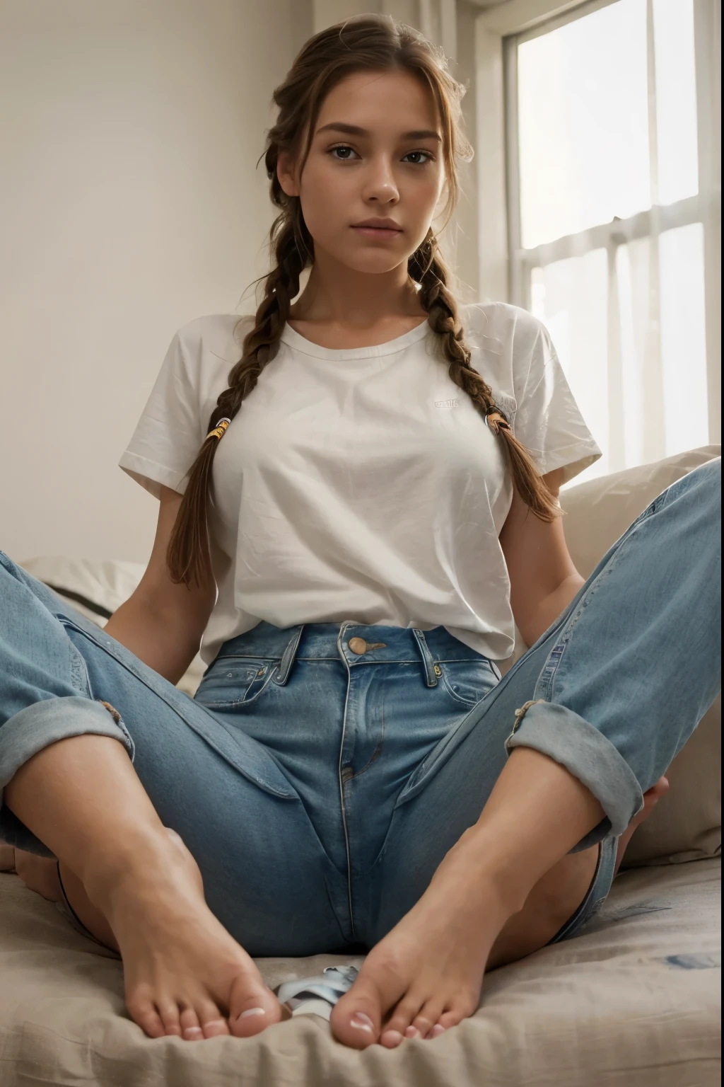 (best quality, masterpiece, perfect feet, perfect face,),photo of chantarose, braided brown hair ,white shirt,denim jeans,on bed,on stomach, feet,soles,toes, highly detailed skin texture,(official art, extreme detailed, highest detailed),