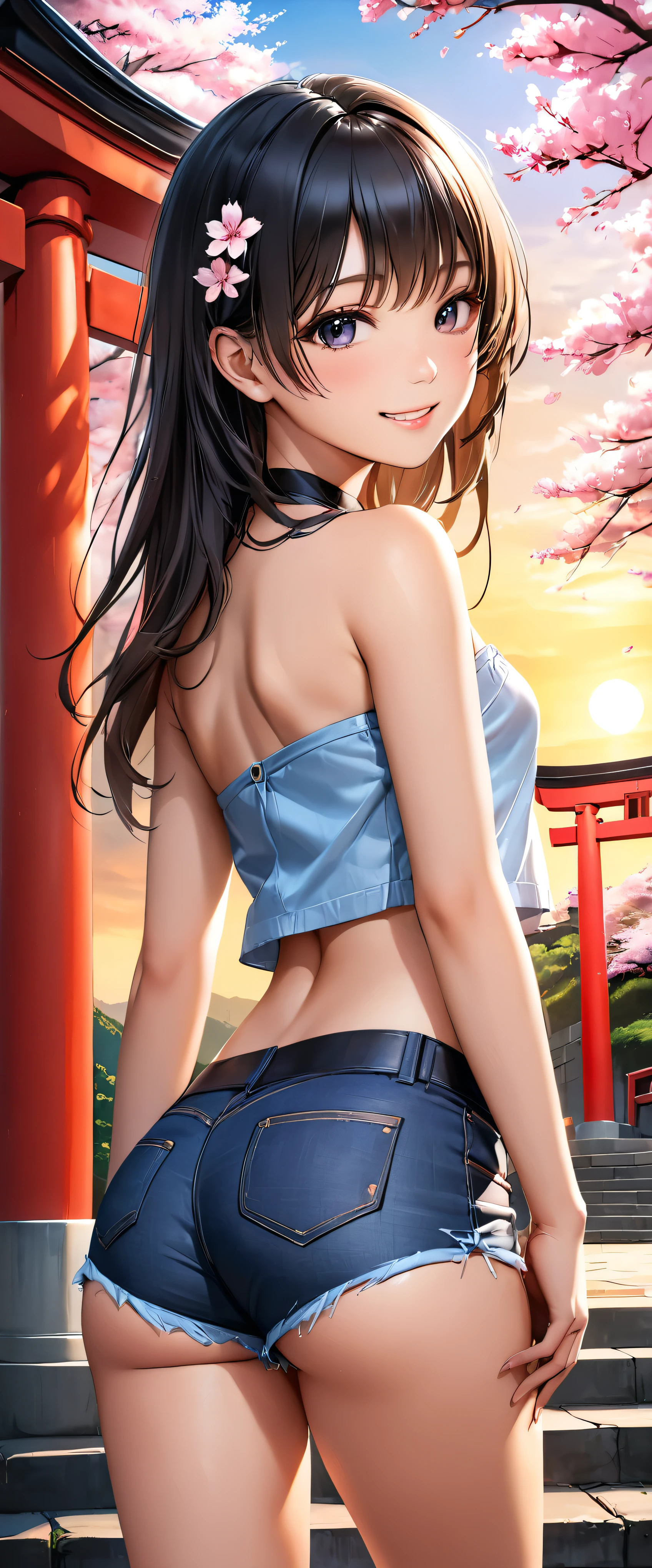 Best Quality, Ultra-high resolution, (Realistic:1.4), One person,  Small breasts, Black choker, smile, Exposing shoulders, Focus Only, View your viewers,Fair skin,sunset,cherry blossoms,Photon Mapping, Physically Based Rendering, RAW Photos, Highly detailed background,K-Pop Idols,Depth of written boundary,torii,cherry blossoms,Hair accessories,Detailed face,Glowing Skin,Game CG,whole body, micro jean shorts,Tube tops,skinny,Fits perfectly against the skin,Turn around and look back,Big Ass