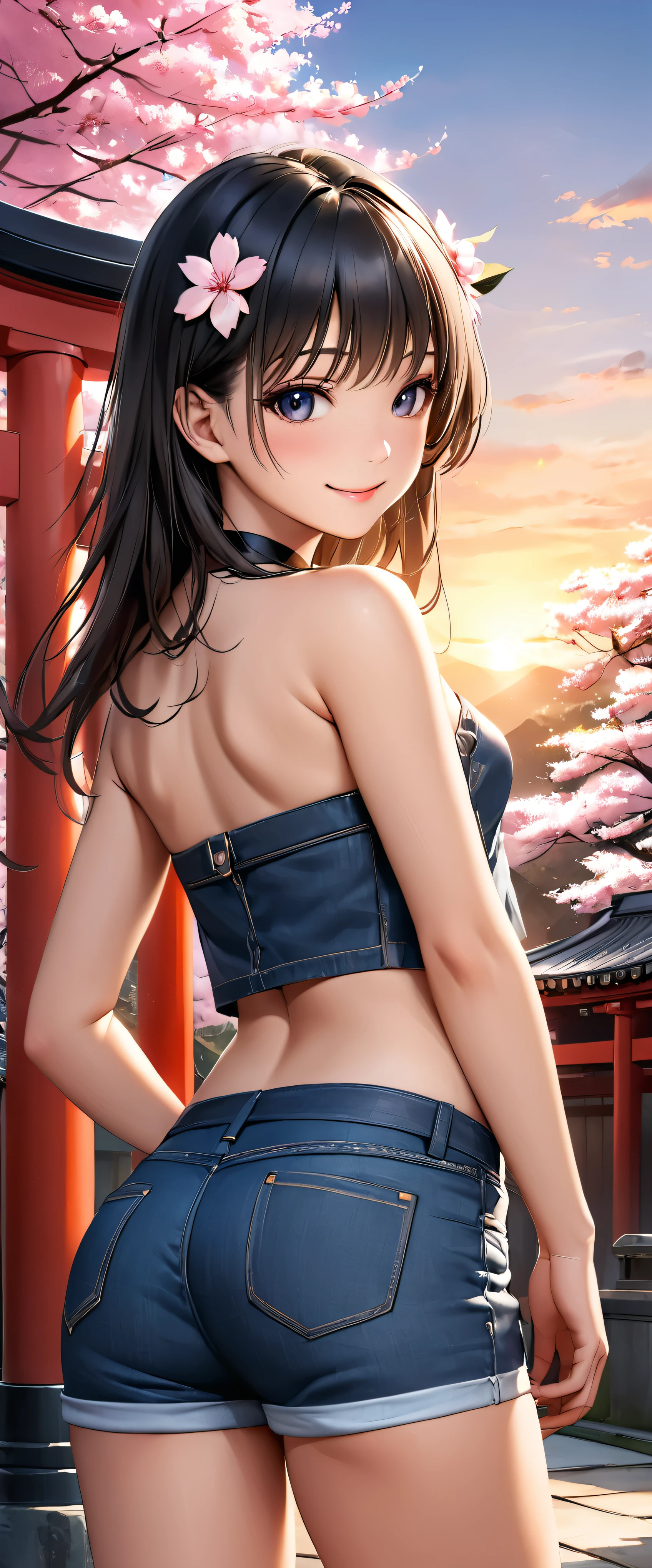 Best Quality, Ultra-high resolution, (Realistic:1.4), One person,  Small breasts, Black choker, smile, Exposing shoulders, Focus Only, View your viewers,Fair skin,sunset,cherry blossoms,Photon Mapping, Physically Based Rendering, RAW Photos, Highly detailed background,K-Pop Idols,Depth of written boundary,torii,cherry blossoms,Hair accessories,Detailed face,Glowing Skin,Game CG,whole body, micro jean shorts,Tube tops,skinny,Fits perfectly against the skin,Turn around and look back,Big Ass