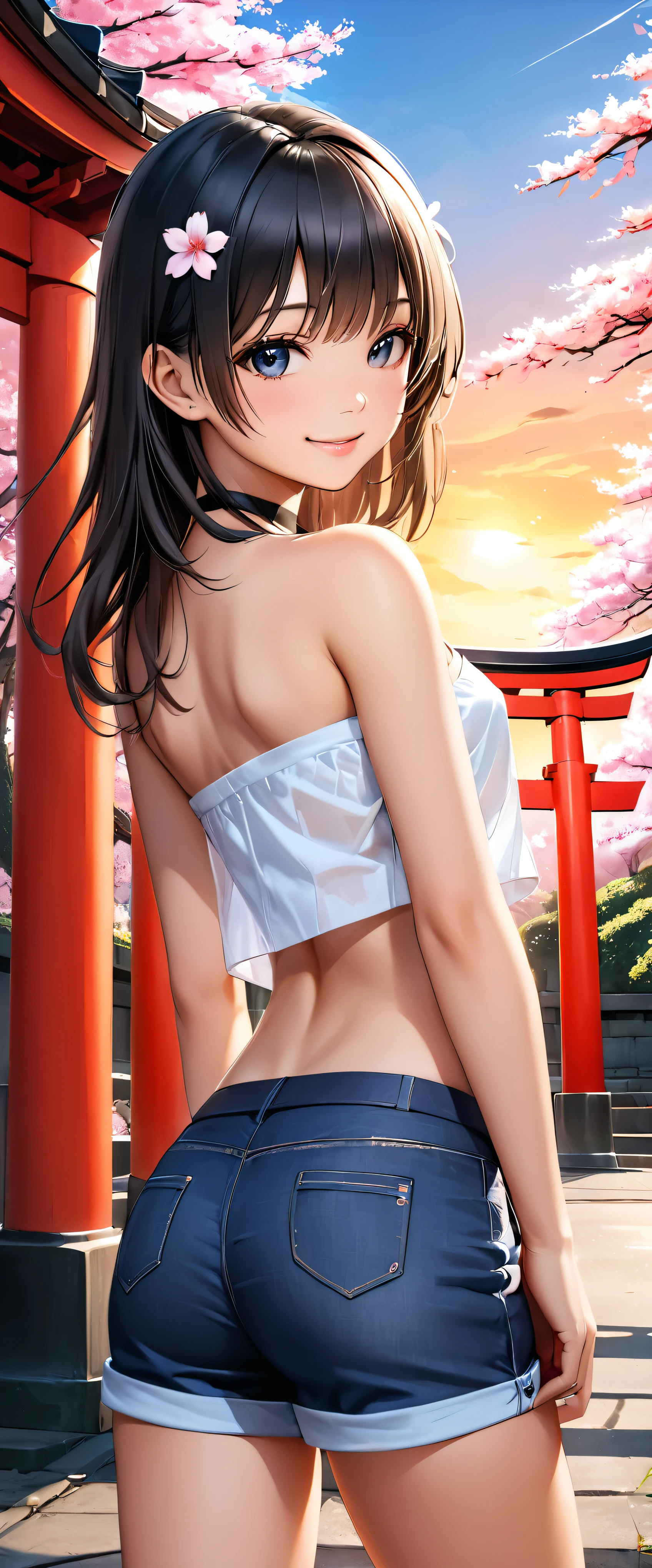 Best Quality, Ultra-high resolution, (Realistic:1.4), One person,  Small breasts, Black choker, smile, Exposing shoulders, Focus Only, View your viewers,Fair skin,sunset,cherry blossoms,Photon Mapping, Physically Based Rendering, RAW Photos, Highly detailed background,K-Pop Idols,Depth of written boundary,torii,cherry blossoms,Hair accessories,Detailed face,Glowing Skin,Game CG,whole body, micro jean shorts,Tube tops,skinny,Fits perfectly against the skin,Turn around and look back,Big Ass