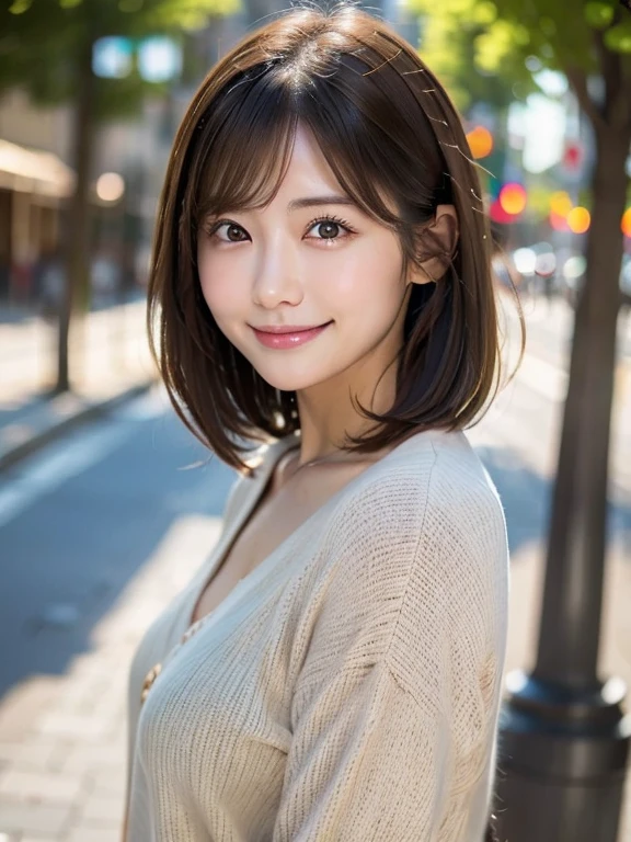 smile、これを見て幸せなsmile、In the city、(Best Quality,8K quality,masterpiece:1.3,),(Super A high resolution:1.3,Photorealistic:1.4,Original photo:1.2),(Super detailed:1.2,Glowing Skin,Detailed skin:1.1),(Detailed face,Perfect Anatomy,Caustics:1.2),,1 girl,cute,Japanese,1,Japaneseイドー,Natural brown hair,Curl short hair outward,Beautiful eyes,Natural Makeup,Bright casual clothes,smile,Looking at the camera,On the face,Face Focus,Professional Writing,Natural soft light,