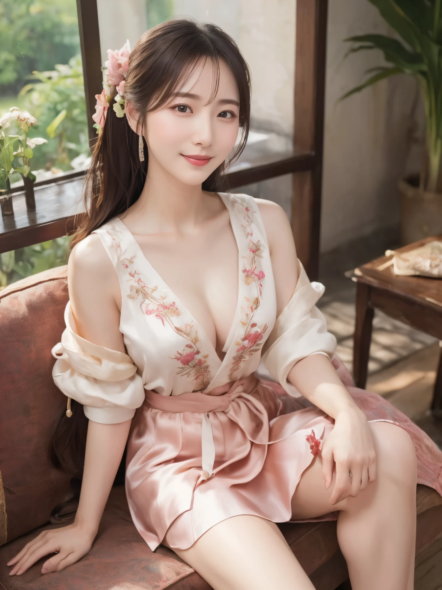 ((real photos:1.3)),((Super detailed)),((sharp:1.5)),1 female, A Korean-style woman walks around the palace,Smiling face。Beautiful breast shape,Hair tied up and fixed with hostas,Makeup,fair complexion and light pink lips,Wearing a bright 저고리 that is made of very good material and beautifully embroidered, only worn by the royal family.,Wide sleeves,Take off half to see beautiful breasts,But no nipples are seen,Pair it with a flowing 치마 skirt in a contrasting color,Wearing traditional flat silk shoes,soft light,Ultra-high realism --style raw --s 400 --ar 4:3 -- in 6