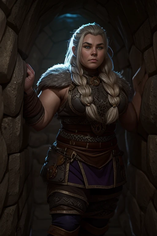 Duergar female dwarven adventurer, grey skin, white hair, stocky, in a undeground cavern, dramatic lighting,  long braided hair, muscled, fit, leaning against wall, 