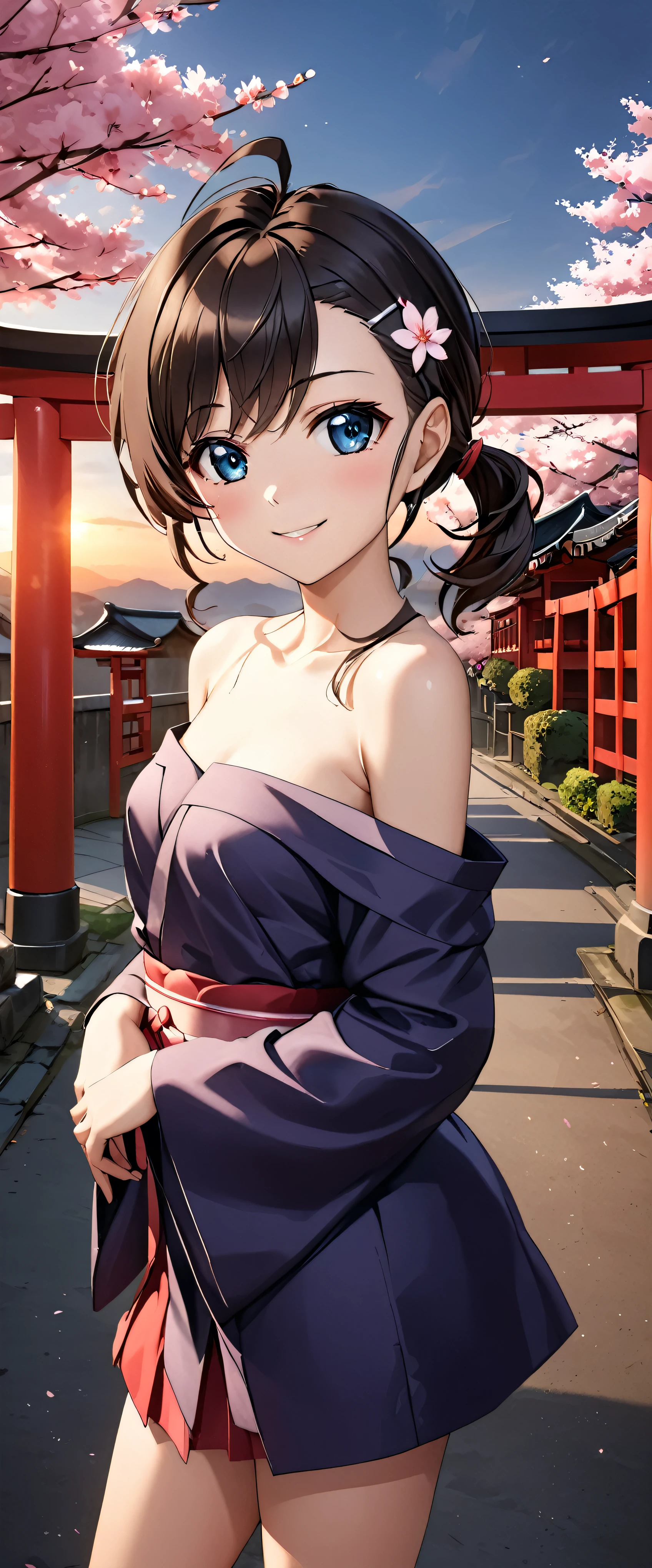 Best Quality, Ultra-high resolution, (Realistic:1.4), One person,  Small breasts,  smile, Exposing shoulders, Focus Only, View your viewers,Fair skin,sunset,cherry blossoms,Photon Mapping, Physically Based Rendering, RAW Photos, Highly detailed background,K-Pop Idols,Depth of written boundary,torii,cherry blossoms,Hair accessories,Detailed face,Glowing Skin,Game CG,whole body, kimono,skinny,Fits perfectly against the skin,Beautiful ponytail