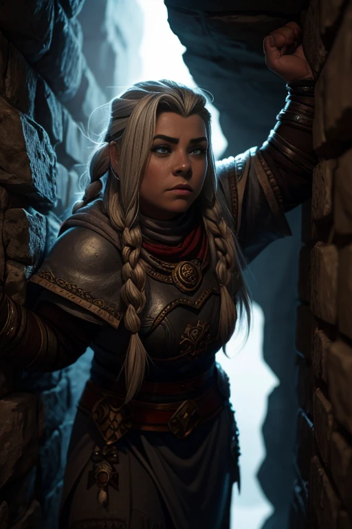 Duergar female dwarven adventurer, (grey skin), white hair, stocky, in a undeground cavern, dramatic lighting,  long braided hair, muscled, fit, leaning against wall, 