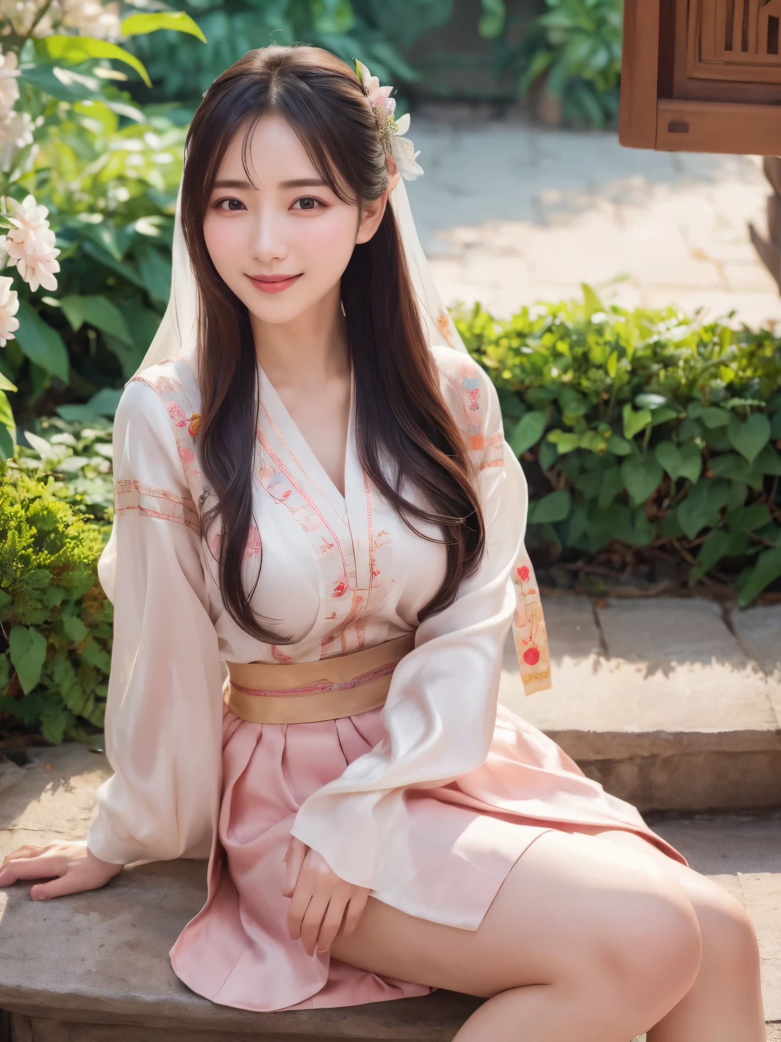 ((real photos:1.3)),((Super detailed)),((sharp:1.5)),1 female, A Korean-style woman walks around the palace，Smiling face。Beautiful breast shape,Hair tied up and fixed with hostas，Makeup，fair complexion and light pink lips，Wearing a bright 저고리 that is made of very good material and beautifully embroidered, only worn by the royal family.，Wide sleeves，Very large breasts,Pair it with a flowing 치마 skirt in a contrasting color，Wearing traditional flat silk shoes，soft light，Ultra-high realism --style raw --s 400 --ar 4:3 -- in 6
