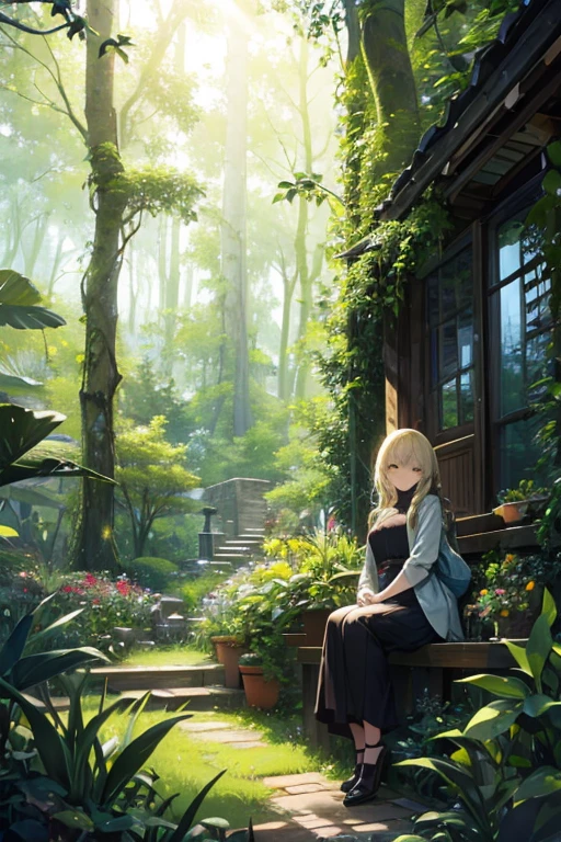 A girl sits alone on a beach chair reading a book at sunset.
She has long blond hair and wears a white rough one-piece dress.
A black cat is sleeping under the chair.
The cat is curled up asleep.
There is a forest on the land side of the beach.
The sunset is beautiful.
