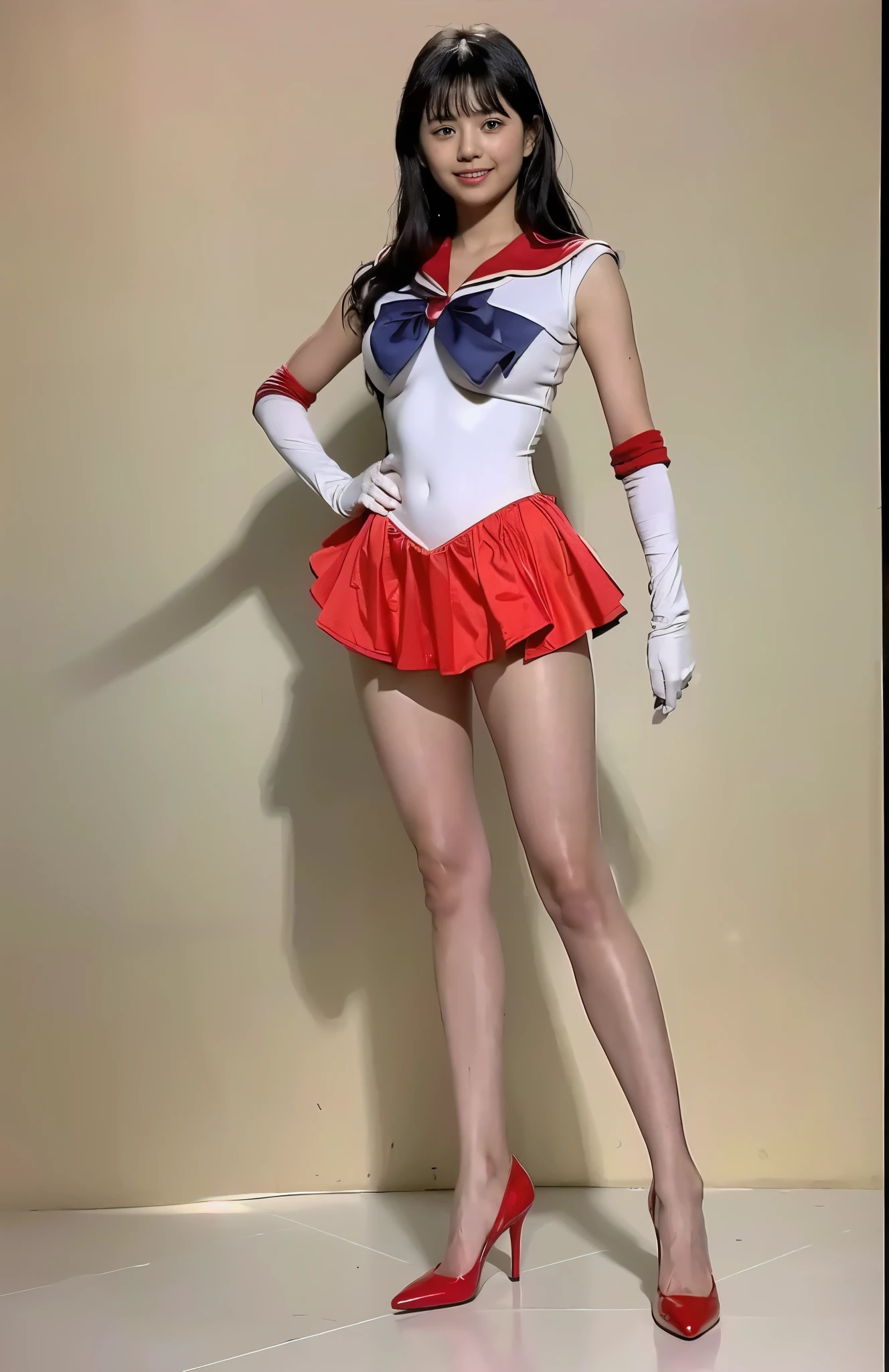 (8K、RAW Photos、Highest quality、masterpiece:1.2)、(Realistic、Realistic)、1 girl、((Sailor Moon Costume:1.5、With pubic hair、Large Breasts、Full body from the front、Standing with hands behind back、))、Lots of eyelashes、Glowing eyelids、skeletally correct、smile、This photo will awaken boys to sex