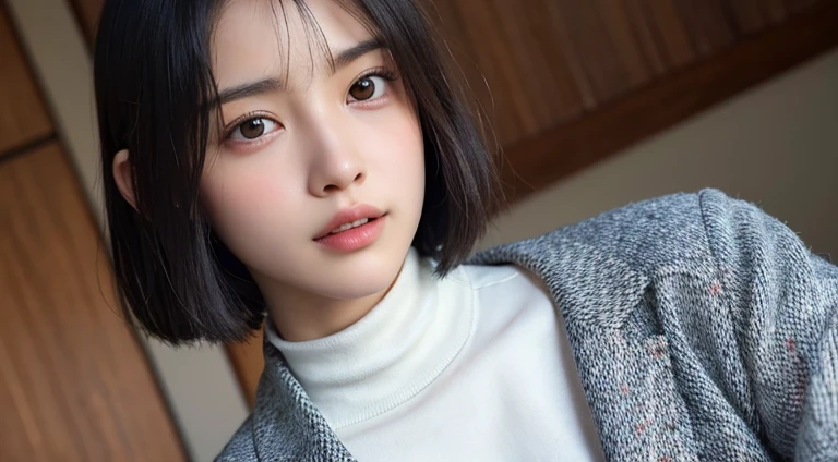 (Bob Cut Hair:1.2),(A high-quality tweed jacket and skirt set、Styling with a white turtleneck as an inner layer:1.2),1 girl,Japanese,2,(Small breasts:1.3),(Best Quality,masterpiece:1.3,超A high resolution,),(Ultra-detailed,Caustics),(Photorealistic:1.4,RAW shooting,)Ultra-Realistic Capture,Very detailed,High resolution 16K human skin close-up。 Natural skin texture、,Pores、、It needs to be detailed enough to be easily identifiable。 Skin should be even-toned and healthy looking。 Use natural light and colour, Sad expression, Looking at the camera, Perfect dynamic composition, Outdoor