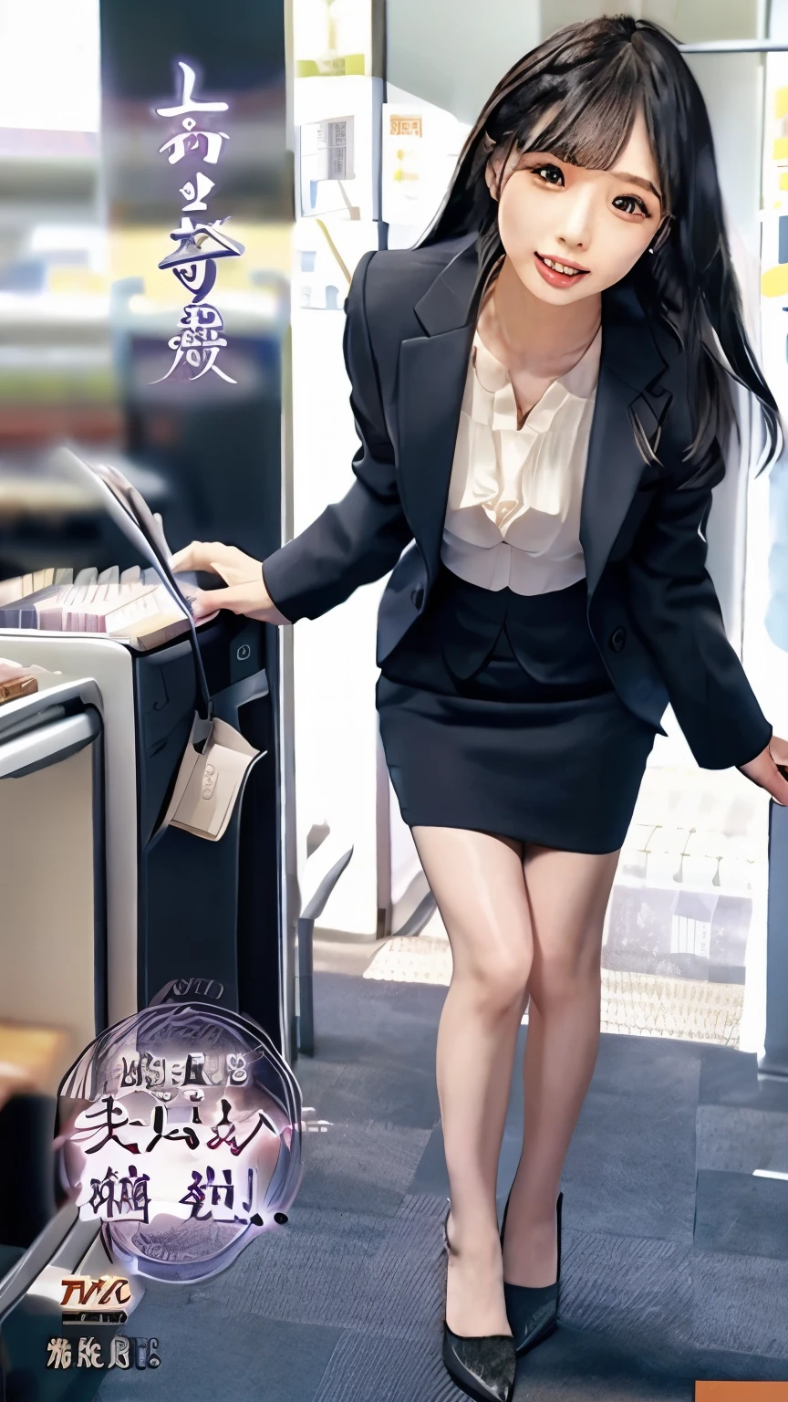ID card, leg spread, office, standing, high heels, turning around interview suit,standding,tight skirt,AV cover