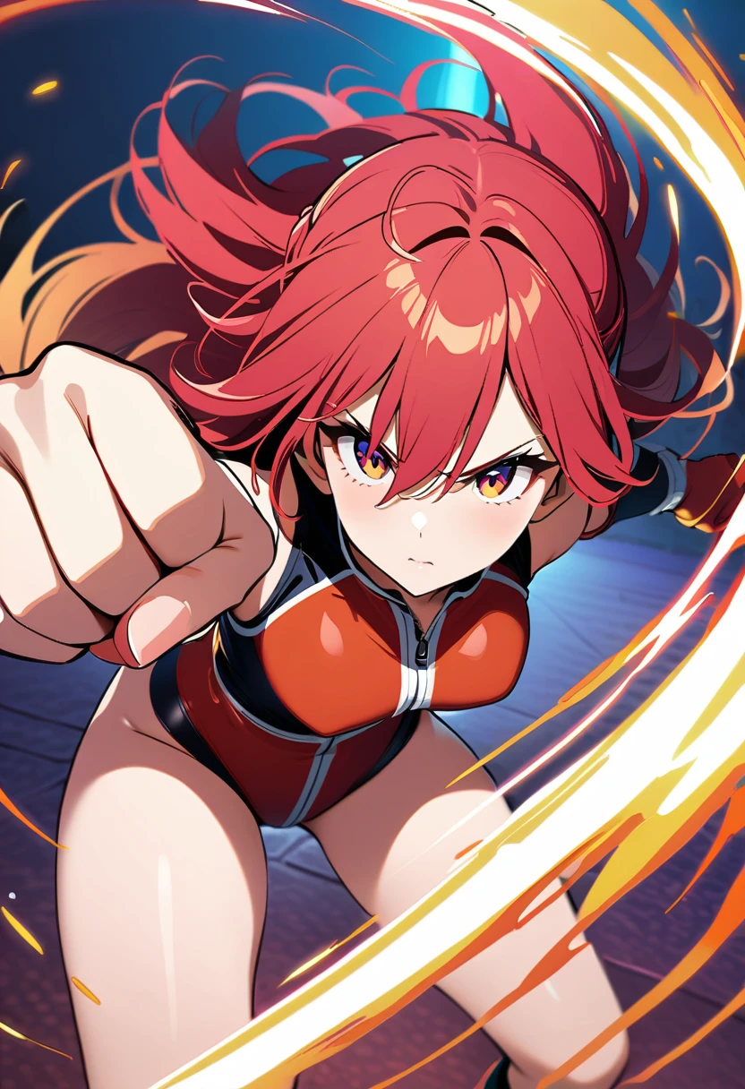 Full Bare female, thigh up shot, dynamic pose, large fist for viewer, in colorful space, speedy move,