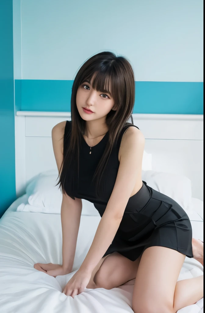 (8K, Highest quality, RAW Photos、masterpiece: 1.2), Very detailed, Highest quality, Ultra-high resolution, Professional Lighting, Photon Mapping, Radio City, Physically Based Rendering, Cinema Lighting, Written boundary depth, I focus,1 female,24-years-old、 (Full Body Shot), ((OL Uniform、ミニskirt、pantyhose))((suit、skirt、pantyhose))((pantyhose))(Looking at the audience:1.3) Very slim, Medium chest, ((She poses seductively on her hands and knees on the bed, light々Check thoroughly)) ((Please put your feet up)) ((Hug my feet))((return)), ((From behind))(Shrapnel), cute, White skin、Looking at the audience, lightい笑顔,alone, Captivating smile, Wide opening, Professional Lighting, Sony a7R4, Zesse 50mm F1.8, Medium chest,Narrow and beautiful eyes,