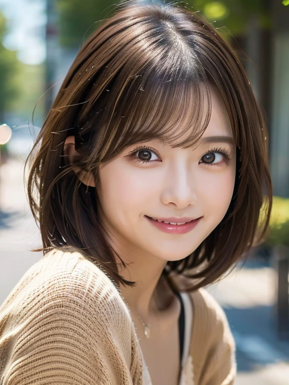 smile、これを見て幸せなsmile、In the city、(Best Quality,8K quality,masterpiece:1.3,),(Super A high resolution:1.3,Photorealistic:1.4,Original photo:1.2),(Super detailed:1.2,Glowing Skin,Detailed skin:1.1),(Detailed face,Perfect Anatomy,Caustics:1.2),,1 girl,cute,Japanese,1,Japaneseイドー,Natural brown hair,Curl short hair outward,Beautiful eyes,Natural Makeup,Bright casual clothes,smile,Looking at the camera,On the face,Face Focus,Professional Writing,Natural soft light,