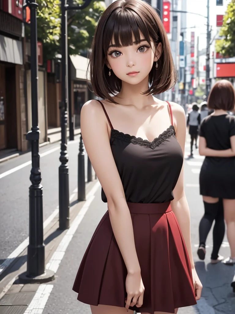 1 female,perfect 20 year old,smile:1.3,(Brown eyes),(( 8k,masterpiece,Perfect ???????)),Cowboy Shot,(Beautiful and exquisite face and eyes,gorgeous eyes:1.3),  break  ,Brown eyes,  break  ,Blonde:1.3,bangs,  break  ,smile,blush,Small breasts、break   ,Are standing,on the road,Shibuya Station、Tokyo、((Background blur)),((Red dress))、french braid,Street Snap、