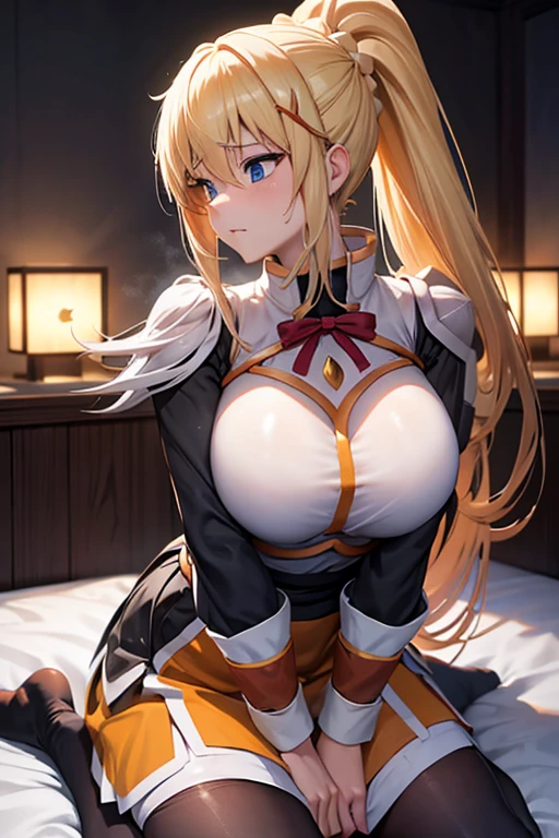 Darkness、KonoSuba、Blonde、Bonytail、gigantic breasts、aroused,see-through,best quality,skirt lift,