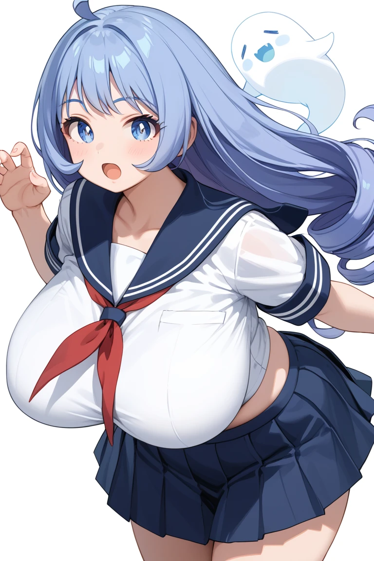 score_9, score_8_up, source_anime BREAK  1girl,  gigantic breasts, alternate breast size, plump, hadou nejire, 1girl, ahoge, blue eyes, blue hair, blue sailor collar, blue skirt, drill hair, ghost pose, hitodama, neckerchief, official alternate costume, official alternate hairstyle, open mouth, pleated skirt, red neckerchief, sailor collar, school uniform, serafuku, simple background, skirt, solo, twin drills, white background